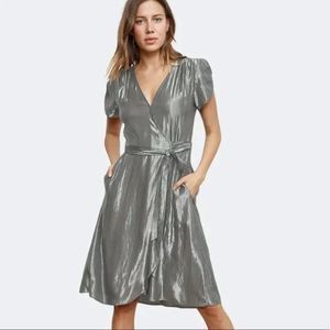 Velvet by Graham & Spencer - Shiny Silver MIDI Wrap Dress - size M